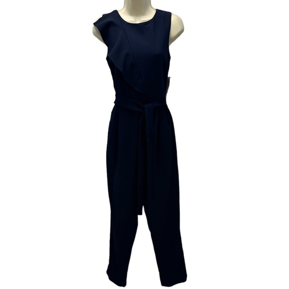 Jessica Howard Pants - Jessica Howard Sleeveless Ruffle Front Jumpsuit - Navy Blue - size 12P